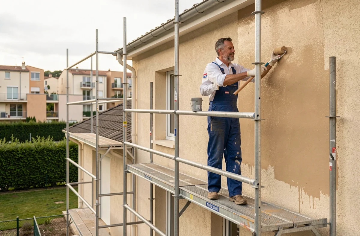 Peintre en bâtiment sur échafaudage appliquant une peinture de façade à Colomiers pour TSR Tanguy Soula