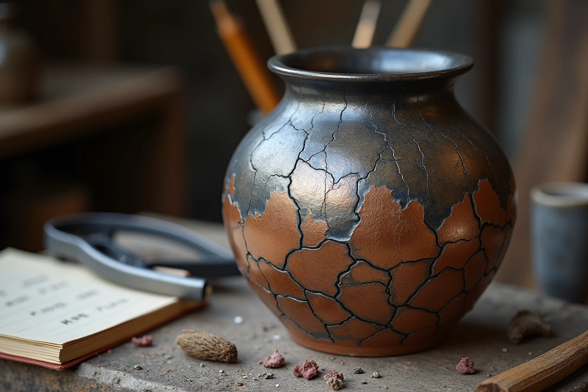 Vase en céramique raku terminé avec émaux métalliques cuivrés et craquelures noires caractéristiques posé sur un établi d'atelier avec des outils de poterie