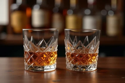 Comparaison entre un verre en cristal Glencairn et un verre tumbler standard contenant du whisky ambré sur une surface en bois sombre