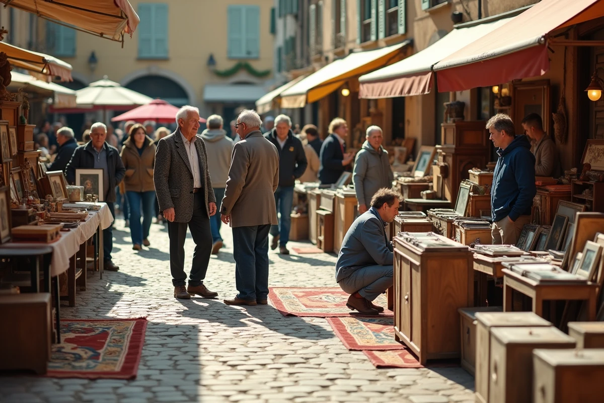 Vue panoramique d'une brocante animée sur une place pavée dans le 13e arrondissement avec vendeurs et chineurs